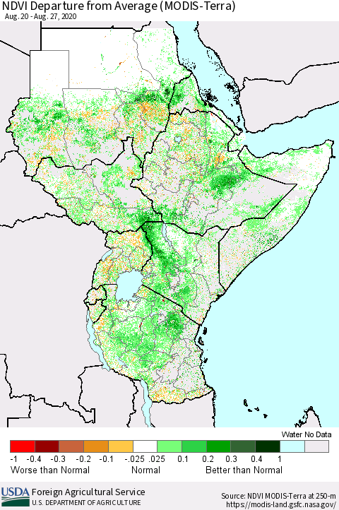 Eastern Africa NDVI Departure from Average (MODIS-Terra) Thematic Map For 8/21/2020 - 8/31/2020