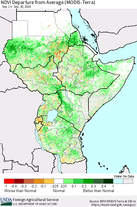 Eastern Africa NDVI Departure from Average (Terra-MODIS) Thematic Map For 9/11/2020 - 9/20/2020