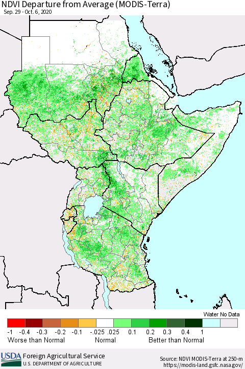 Eastern Africa NDVI Departure from Average (Terra-MODIS) Thematic Map For 10/1/2020 - 10/10/2020