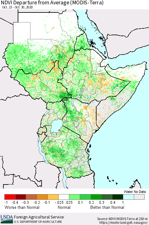 Eastern Africa NDVI Departure from Average (MODIS-Terra) Thematic Map For 10/21/2020 - 10/31/2020