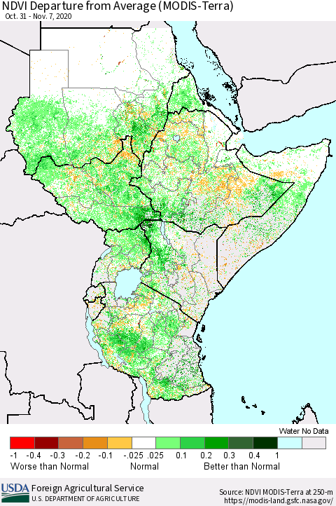 Eastern Africa NDVI Departure from Average (MODIS-Terra) Thematic Map For 11/1/2020 - 11/10/2020