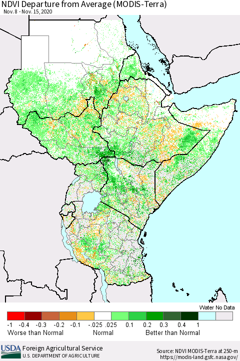 Eastern Africa NDVI Departure from Average (Terra-MODIS) Thematic Map For 11/11/2020 - 11/20/2020