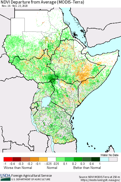 Eastern Africa NDVI Departure from Average (MODIS-Terra) Thematic Map For 11/21/2020 - 11/30/2020