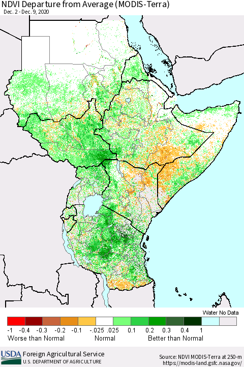Eastern Africa NDVI Departure from Average (MODIS-Terra) Thematic Map For 12/1/2020 - 12/10/2020
