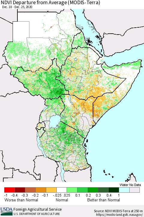 Eastern Africa NDVI Departure from Average (Terra-MODIS) Thematic Map For 12/21/2020 - 12/31/2020