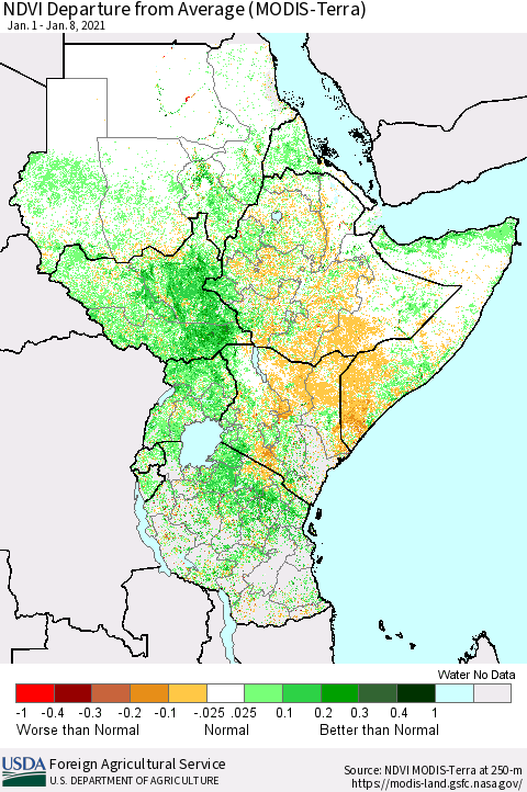 Eastern Africa NDVI Departure from Average (Terra-MODIS) Thematic Map For 1/1/2021 - 1/10/2021