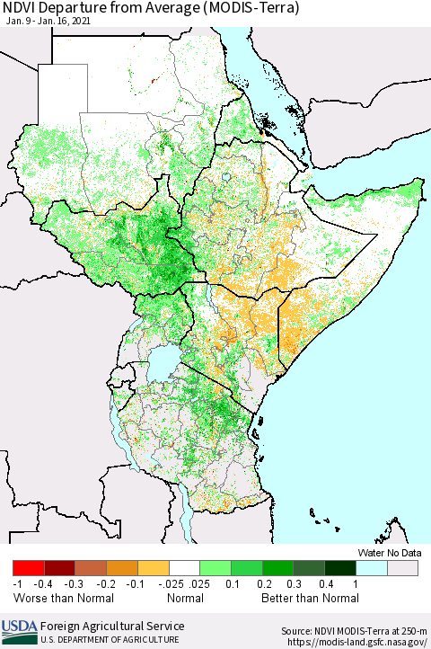 Eastern Africa NDVI Departure from Average (Terra-MODIS) Thematic Map For 1/11/2021 - 1/20/2021