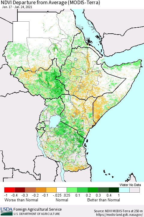 Eastern Africa NDVI Departure from Average (Terra-MODIS) Thematic Map For 1/21/2021 - 1/31/2021