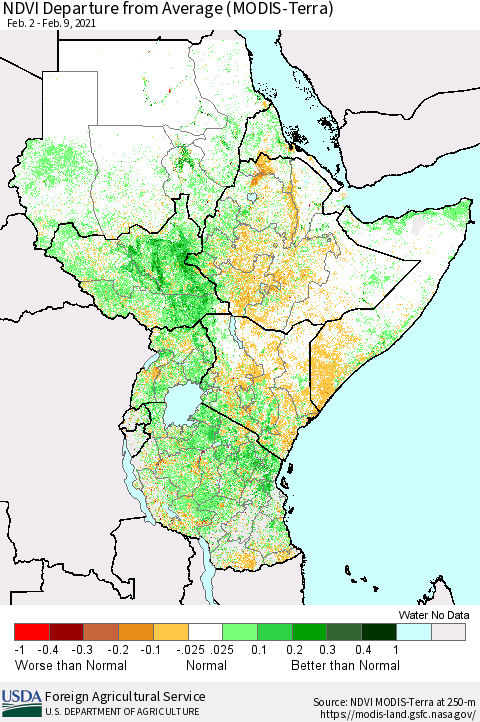 Eastern Africa NDVI Departure from Average (Terra-MODIS) Thematic Map For 2/1/2021 - 2/10/2021