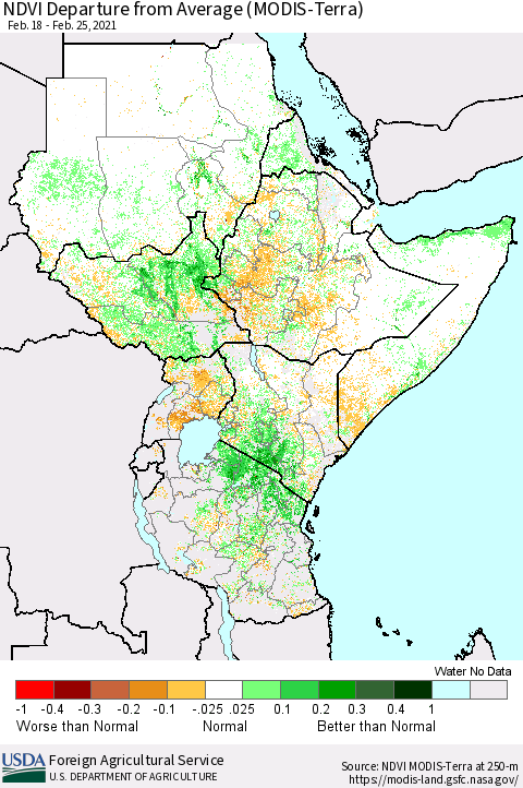 Eastern Africa NDVI Departure from Average (MODIS-Terra) Thematic Map For 2/21/2021 - 2/28/2021