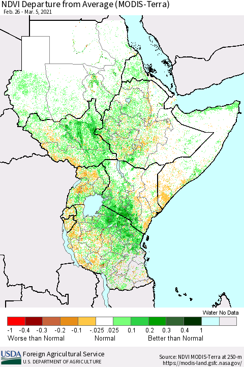 Eastern Africa NDVI Departure from Average (MODIS-Terra) Thematic Map For 3/1/2021 - 3/10/2021