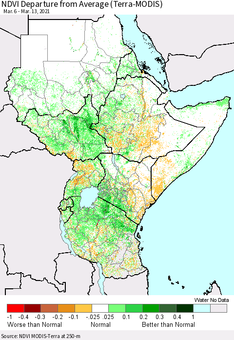 Eastern Africa NDVI Departure from Average (Terra-MODIS) Thematic Map For 3/6/2021 - 3/13/2021