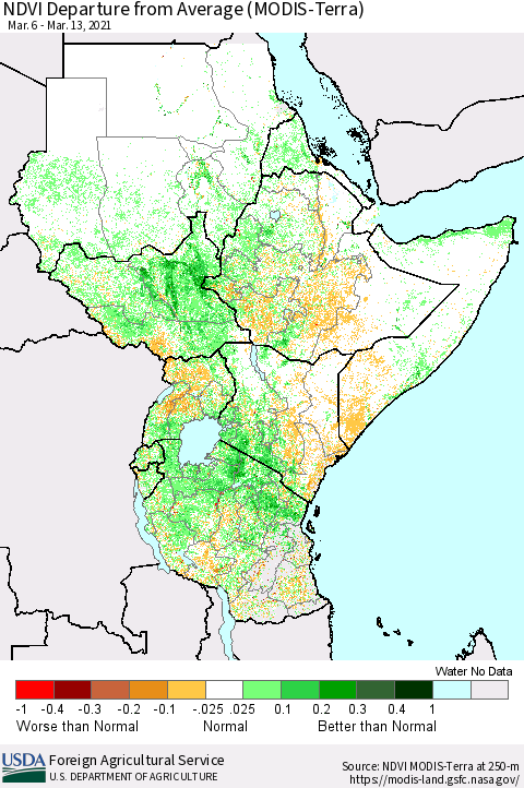 Eastern Africa NDVI Departure from Average (MODIS-Terra) Thematic Map For 3/11/2021 - 3/20/2021