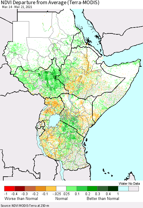 Eastern Africa NDVI Departure from Average (Terra-MODIS) Thematic Map For 3/14/2021 - 3/21/2021