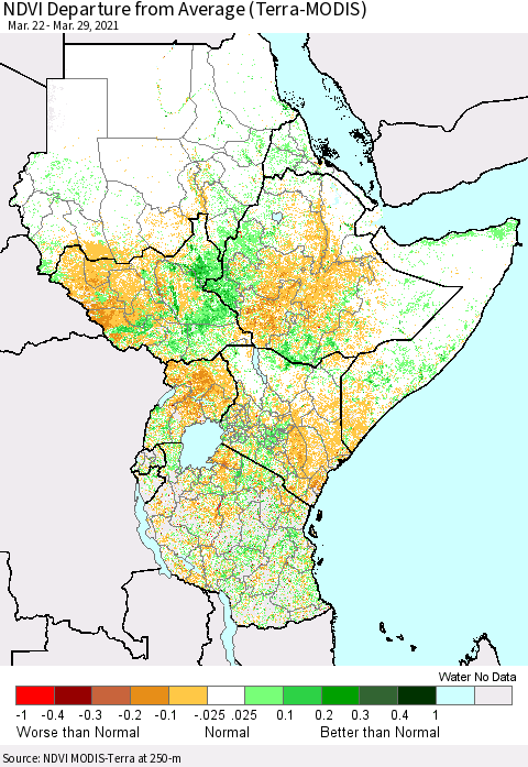 Eastern Africa NDVI Departure from Average (Terra-MODIS) Thematic Map For 3/22/2021 - 3/29/2021