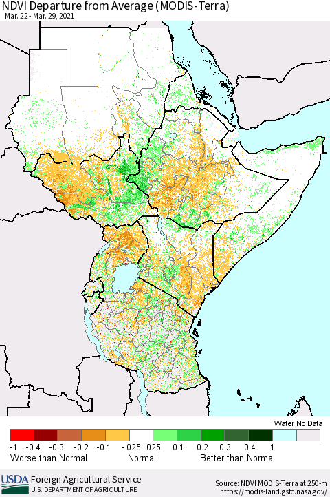 Eastern Africa NDVI Departure from Average (Terra-MODIS) Thematic Map For 3/21/2021 - 3/31/2021