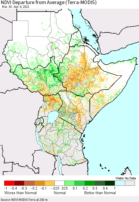 Eastern Africa NDVI Departure from Average (Terra-MODIS) Thematic Map For 3/30/2021 - 4/6/2021