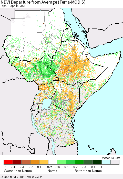 Eastern Africa NDVI Departure from Average (Terra-MODIS) Thematic Map For 4/7/2021 - 4/14/2021