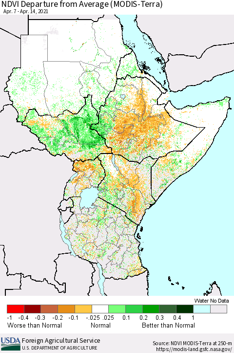 Eastern Africa NDVI Departure from Average (Terra-MODIS) Thematic Map For 4/11/2021 - 4/20/2021