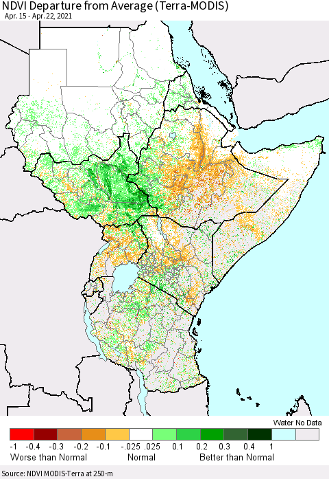 Eastern Africa NDVI Departure from Average (Terra-MODIS) Thematic Map For 4/15/2021 - 4/22/2021