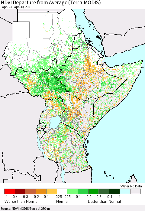 Eastern Africa NDVI Departure from Average (Terra-MODIS) Thematic Map For 4/21/2021 - 4/30/2021