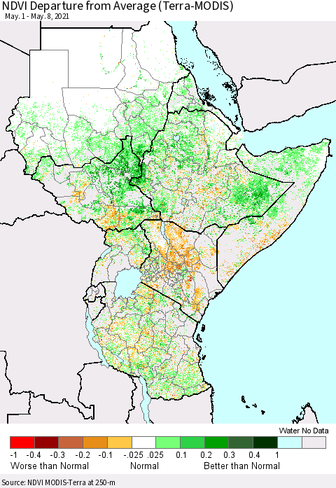 Eastern Africa NDVI Departure from Average (Terra-MODIS) Thematic Map For 5/1/2021 - 5/8/2021