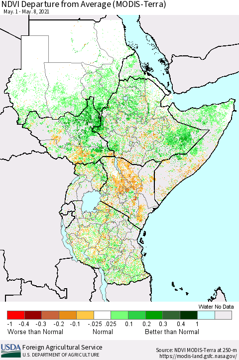 Eastern Africa NDVI Departure from Average (MODIS-Terra) Thematic Map For 5/1/2021 - 5/10/2021