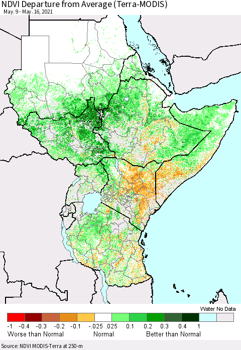 Eastern Africa NDVI Departure from Average (Terra-MODIS) Thematic Map For 5/9/2021 - 5/16/2021