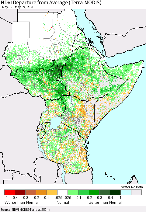 Eastern Africa NDVI Departure from Average (Terra-MODIS) Thematic Map For 5/17/2021 - 5/24/2021