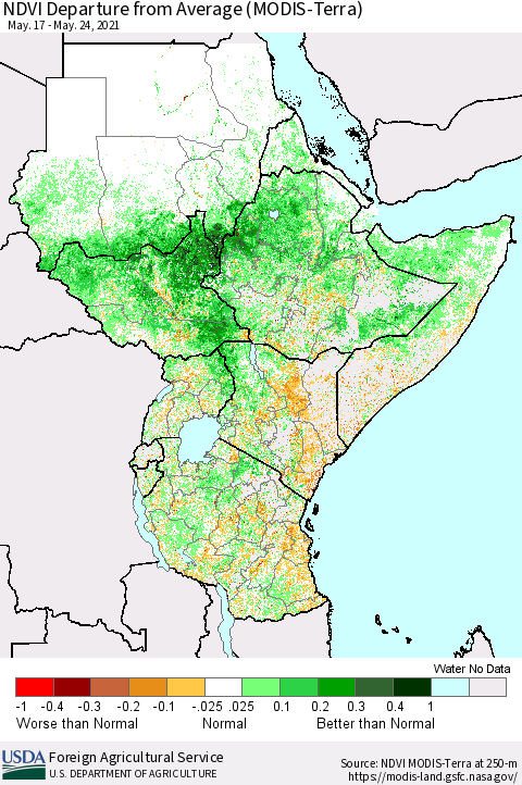 Eastern Africa NDVI Departure from Average (MODIS-Terra) Thematic Map For 5/21/2021 - 5/31/2021