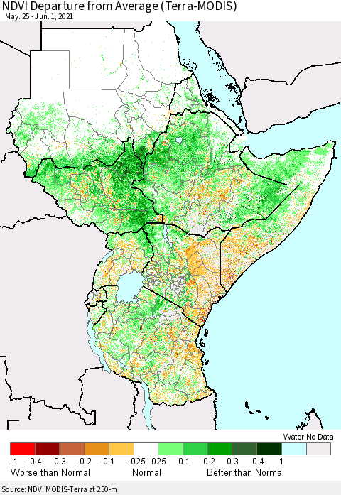 Eastern Africa NDVI Departure from Average (Terra-MODIS) Thematic Map For 5/25/2021 - 6/1/2021