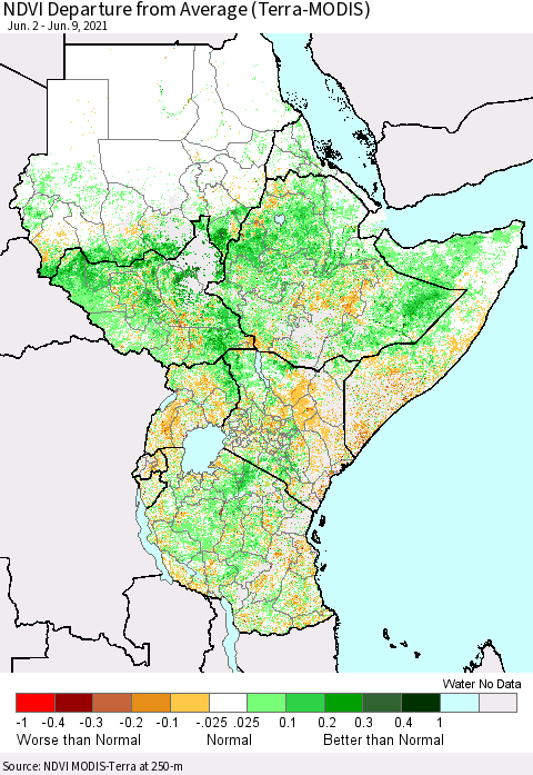 Eastern Africa NDVI Departure from Average (Terra-MODIS) Thematic Map For 6/2/2021 - 6/9/2021