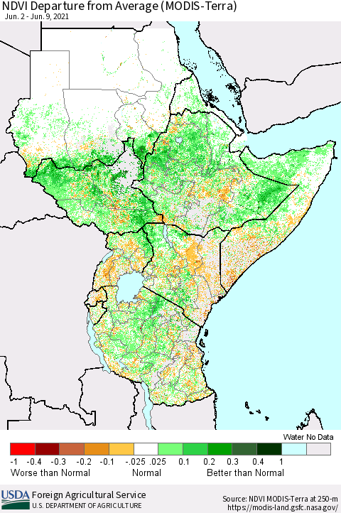Eastern Africa NDVI Departure from Average (Terra-MODIS) Thematic Map For 6/1/2021 - 6/10/2021
