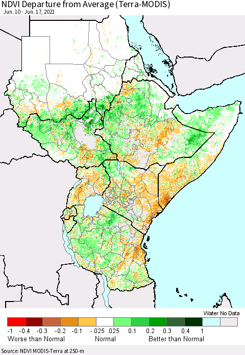 Eastern Africa NDVI Departure from Average (Terra-MODIS) Thematic Map For 6/10/2021 - 6/17/2021