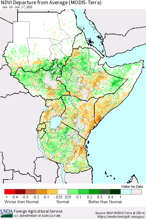 Eastern Africa NDVI Departure from Average (Terra-MODIS) Thematic Map For 6/11/2021 - 6/20/2021