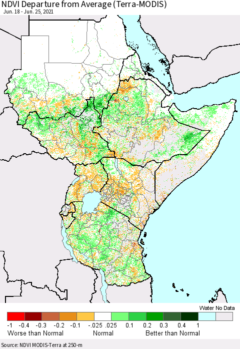 Eastern Africa NDVI Departure from Average (Terra-MODIS) Thematic Map For 6/18/2021 - 6/25/2021