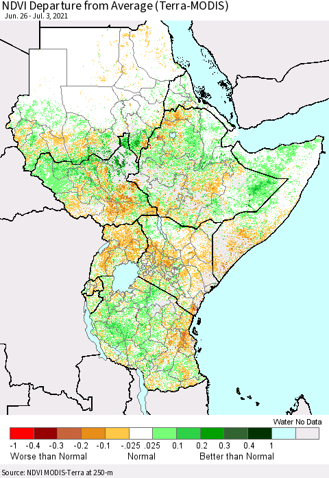 Eastern Africa NDVI Departure from Average (Terra-MODIS) Thematic Map For 6/26/2021 - 7/3/2021