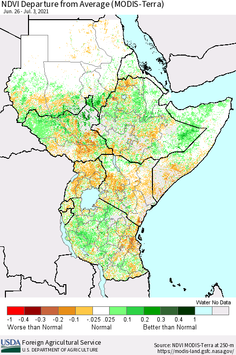 Eastern Africa NDVI Departure from Average (Terra-MODIS) Thematic Map For 7/1/2021 - 7/10/2021