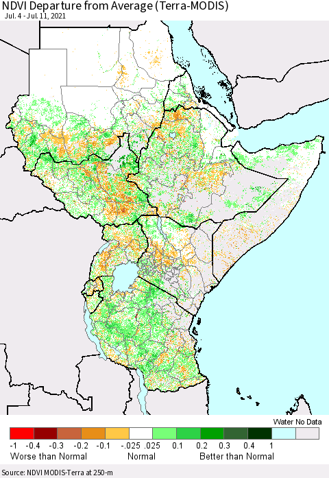 Eastern Africa NDVI Departure from Average (Terra-MODIS) Thematic Map For 7/4/2021 - 7/11/2021