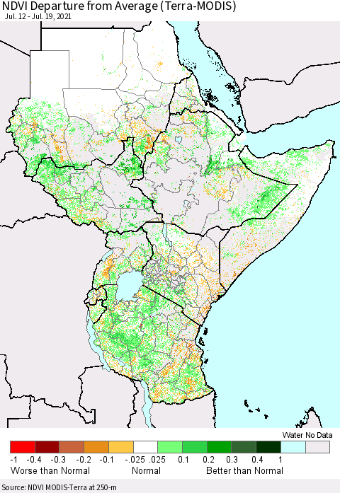 Eastern Africa NDVI Departure from Average (Terra-MODIS) Thematic Map For 7/12/2021 - 7/19/2021
