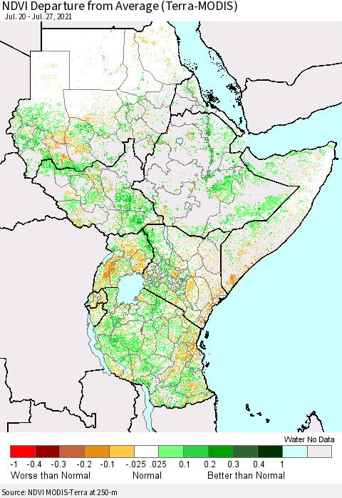Eastern Africa NDVI Departure from Average (Terra-MODIS) Thematic Map For 7/20/2021 - 7/27/2021