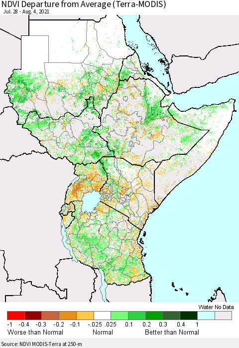 Eastern Africa NDVI Departure from Average (Terra-MODIS) Thematic Map For 7/28/2021 - 8/4/2021