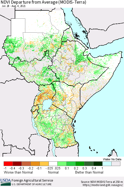 Eastern Africa NDVI Departure from Average (MODIS-Terra) Thematic Map For 8/1/2021 - 8/10/2021