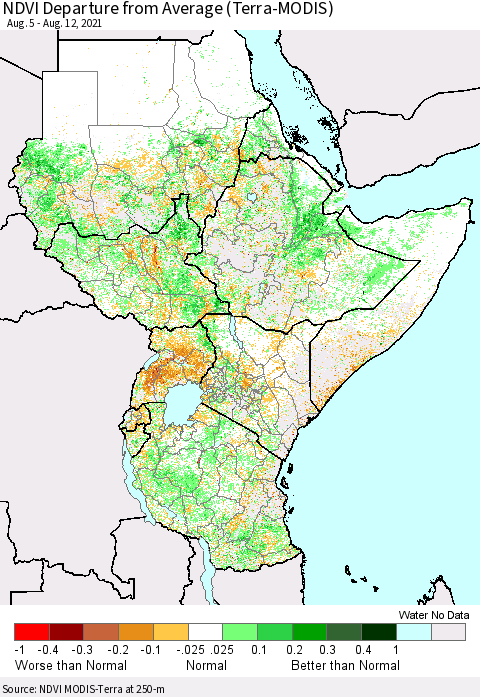 Eastern Africa NDVI Departure from Average (Terra-MODIS) Thematic Map For 8/5/2021 - 8/12/2021