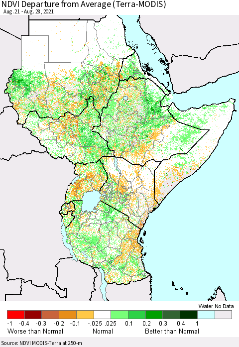 Eastern Africa NDVI Departure from Average (Terra-MODIS) Thematic Map For 8/21/2021 - 8/28/2021