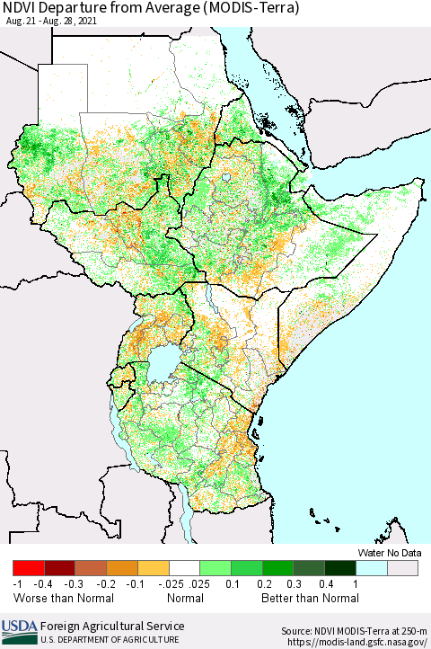 Eastern Africa NDVI Departure from Average (MODIS-Terra) Thematic Map For 8/21/2021 - 8/31/2021