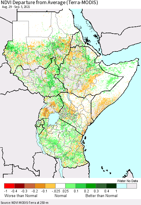Eastern Africa NDVI Departure from Average (Terra-MODIS) Thematic Map For 8/29/2021 - 9/5/2021