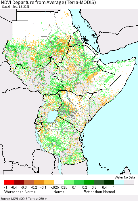 Eastern Africa NDVI Departure from Average (Terra-MODIS) Thematic Map For 9/6/2021 - 9/13/2021
