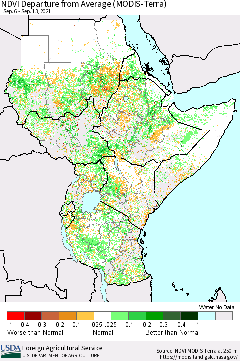 Eastern Africa NDVI Departure from Average (Terra-MODIS) Thematic Map For 9/11/2021 - 9/20/2021