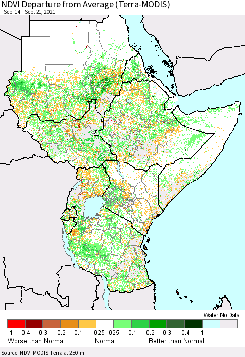 Eastern Africa NDVI Departure from Average (Terra-MODIS) Thematic Map For 9/14/2021 - 9/21/2021